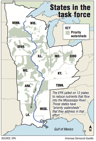 Map showing The 12 states that are trying to reduce nutrients that flow into the Mississippi River