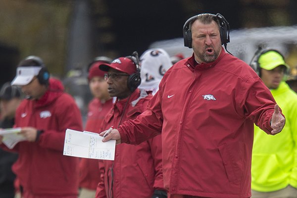Arkansas coach Bret Bielema watches from the sideline during a game against Missouri on Friday, Nov. 25, 2016, in Columbia, Mo. 
