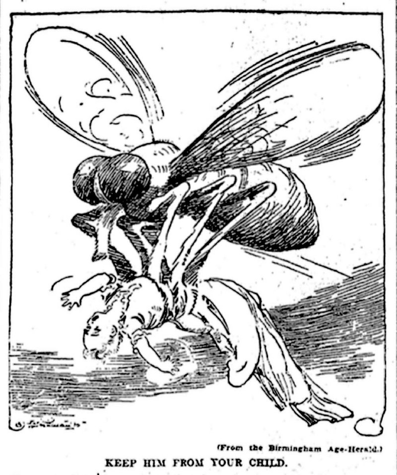 “Keep Him From Your Child”: This cartoon appeared in the July 13, 1916, Arkansas Gazette, with news that houseflies had been found to spread poliomyelitis.
