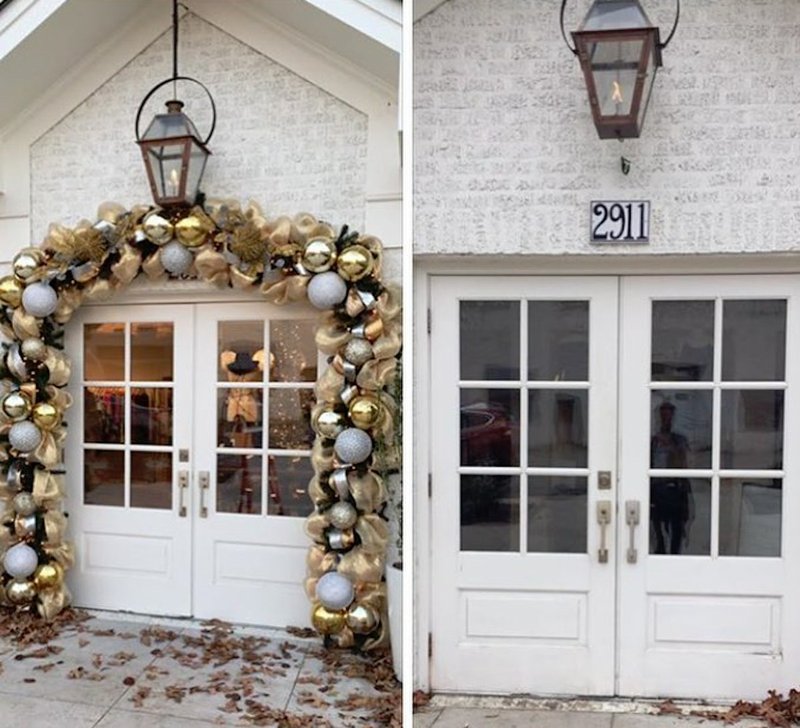 A holiday wreath valued at more than $1,000 (left) was stolen over Thanksgiving weekend from E.Leigh's boutique at 2911 Kavanaugh Blvd. in Little Rock's Hillcrest neighborhood.