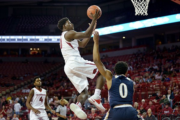 Jaylen Barford of Arkansas goes to the basket against Mount St. Mary's on Monday Nov. 28, 2016 during the game in Bud Walton Arena in Fayetteville.