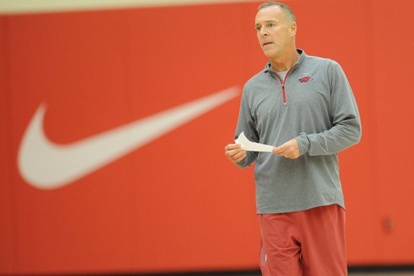 Arkansas women's basketball coach Jimmy Dykes speaks to his players Wednesday, Oct. 12, 2016, in the basketball practice facility on the university campus in Fayetteville.