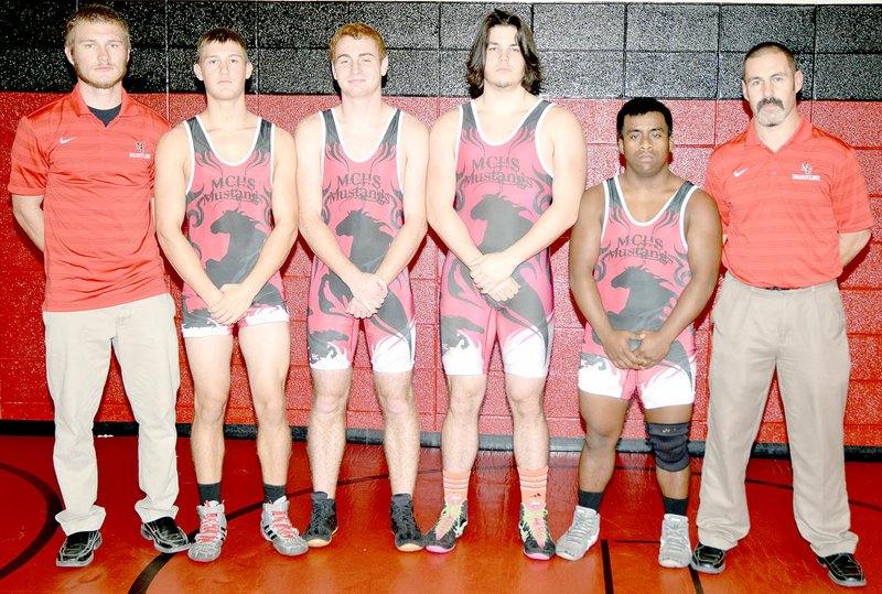 PHOTO BY RICK PECK Coaches and seniors of the 2016-2017 McDonald County High School wrestling team. From left to right: Cody Factor, assistant coach, Christian Willmann, Truman Craig, Kammeron Barnes, Nathaniel Johnny and Josh Factor, head coach.