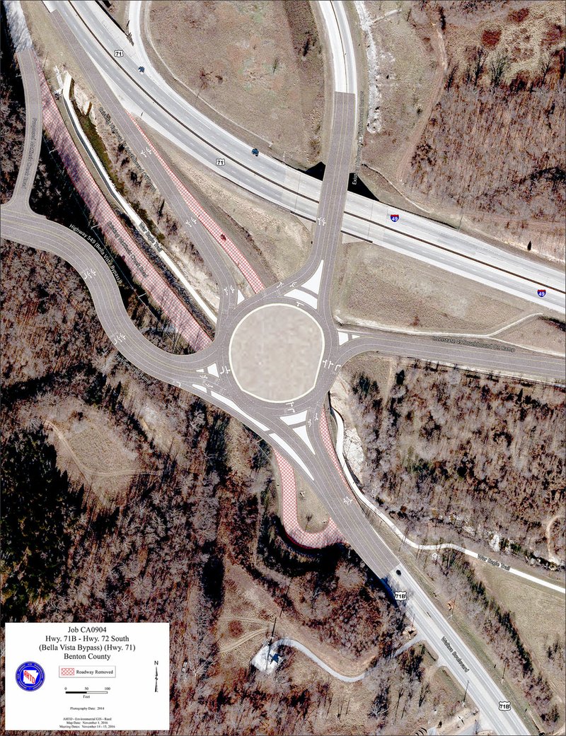 Image from Arkansas Highway Transportation Department This graphic shows how the roundabout for the Bella Vista bypass will tie in to existing roads. This traffic circle, which will connect U.S. Highway 71 to Walton Boulevard and the completed portion of the Bella Vista bypass, is slated to be finished in the spring.