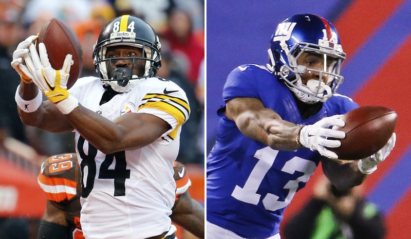 At left, in a Jan. 3, 2016, file photo, Pittsburgh Steelers wide receiver Antonio Brown catches a touchdown pass against the Cleveland Browns during an NFL football game in Cleveland, Ohio. At right, in a Nov. 15, 2015, file photo, New York Giants wide receiver Odell Beckham (13) catches a pass for a touchdown against the New England Patriots during the first half of an NFL football game, in East Rutherford, N.J. 