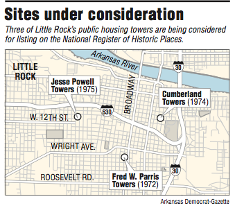 A map showing sites under consideration for the National Register of Historic Places.