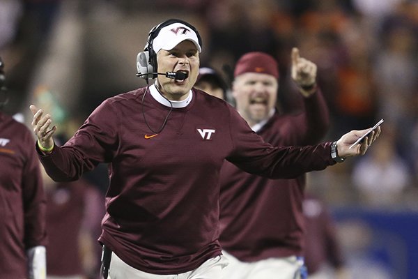 Virginia Tech head coach Justin Fuente argues a call during the first half of the Atlantic Coast Conference championship NCAA college football game against Clemson, Saturday, Dec. 3, 2016, in Orlando, Fla. (AP Photo/Willie J. Allen Jr.)


