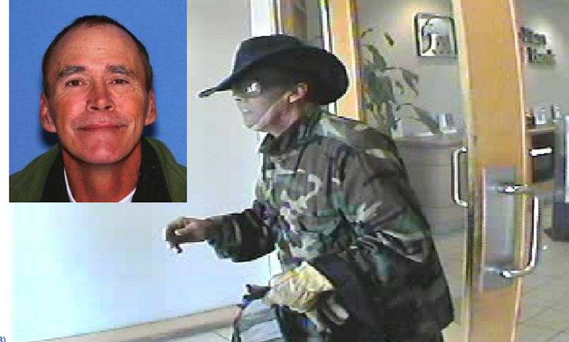 Joseph Edward Turner, 58, of Grant County (top left) and a video still of the July 18, 2012, robber at the same bank location, then Metropolitan National Bank, at 1323 Military Road in Benton. 