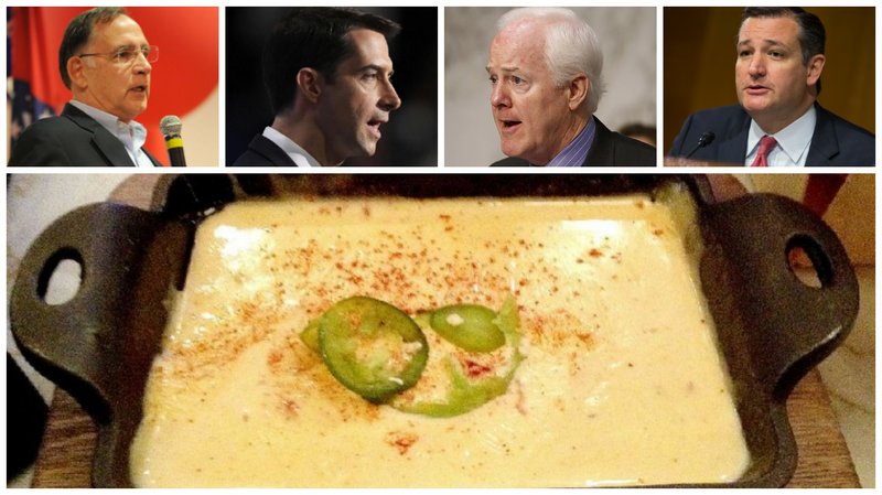 From left, Sens. John Boozman, Tom Cotton, John Cornyn and Ted Cruz will conduct a blind taste test with their Senate colleagues Wednesday to determine whether Arkansas cheese dip or Texas queso is best. Below, is cheese dip from Little Rock's Heights Taco and Tamale Co.
