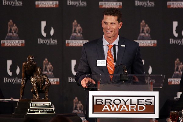 Clemson defensive coordinator Brent Venables speaks during the Broyles Award award presentation on Tuesday, Dec. 6, 2016, in Little Rock. 