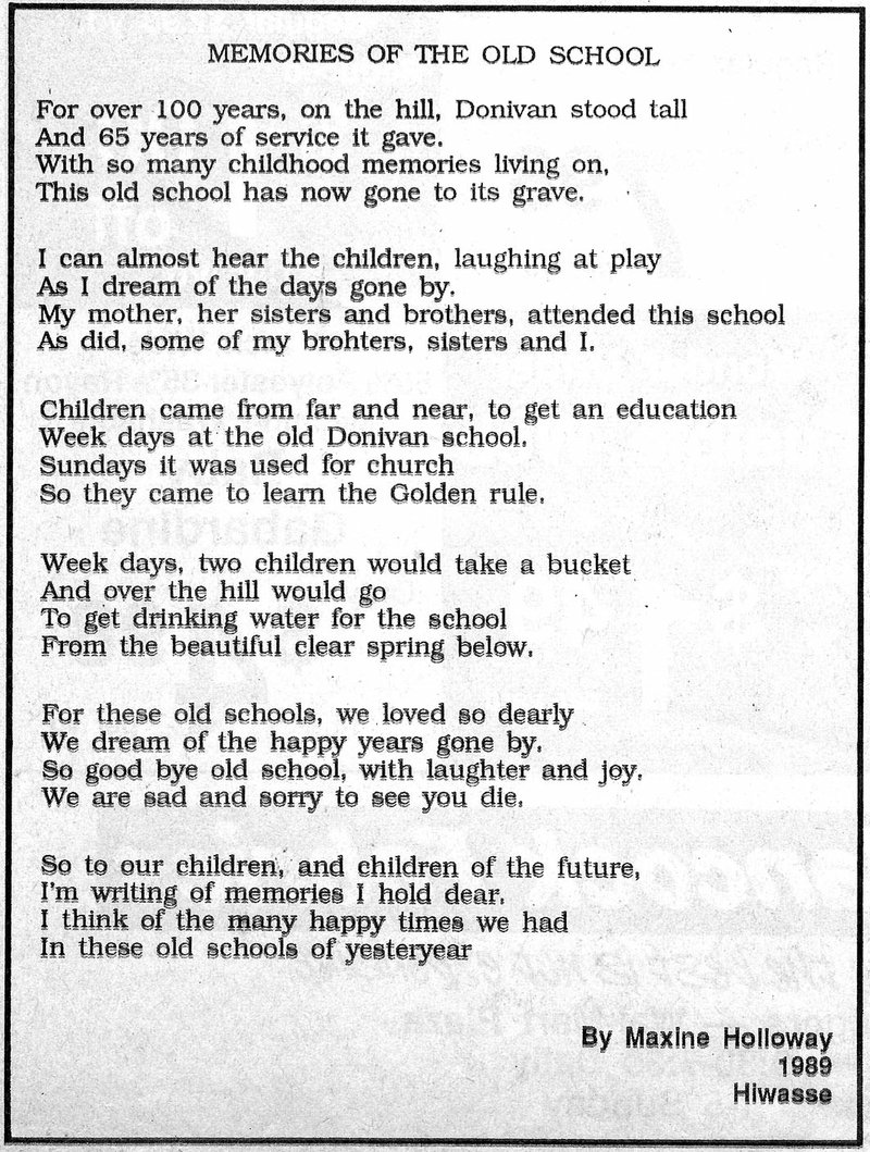 Photo courtesy of the Bella Vista Historical Museum This poem, written by Maxine Holloway, was printed in the Northwest Arkansas Morning News on April 6, 1989.