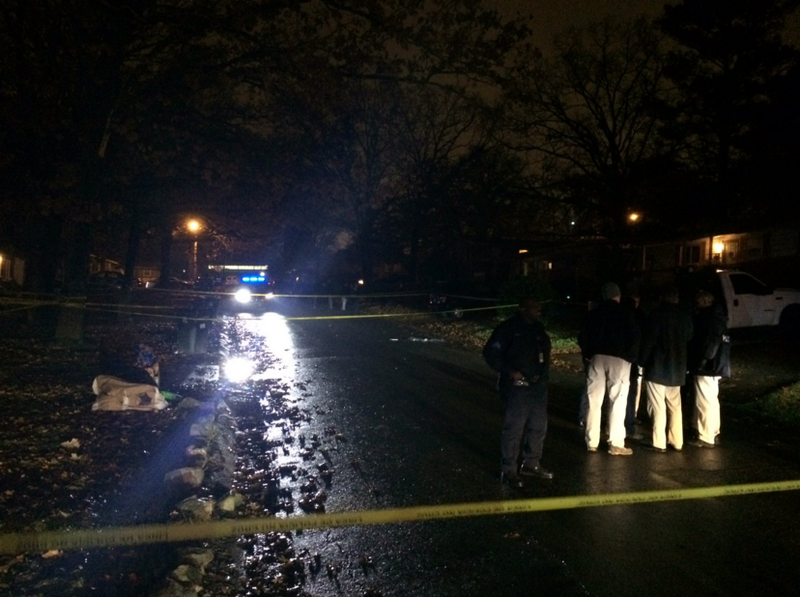 Authorities investigate a police shooting at 34 Harrow Drive Monday night.