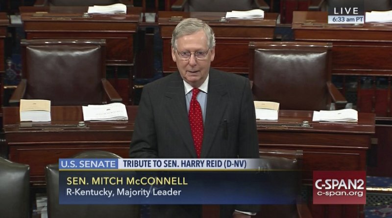 This image provided by C-SPAN2 shows Senate Majority Leader Mitch McConnell of Ky. speaking on the Senate floor on Capitol Hill in Washington, Thursday, Dec. 8, 2016, during a tribute to retiring Senate Minority Leader Harry Reid of Nev.