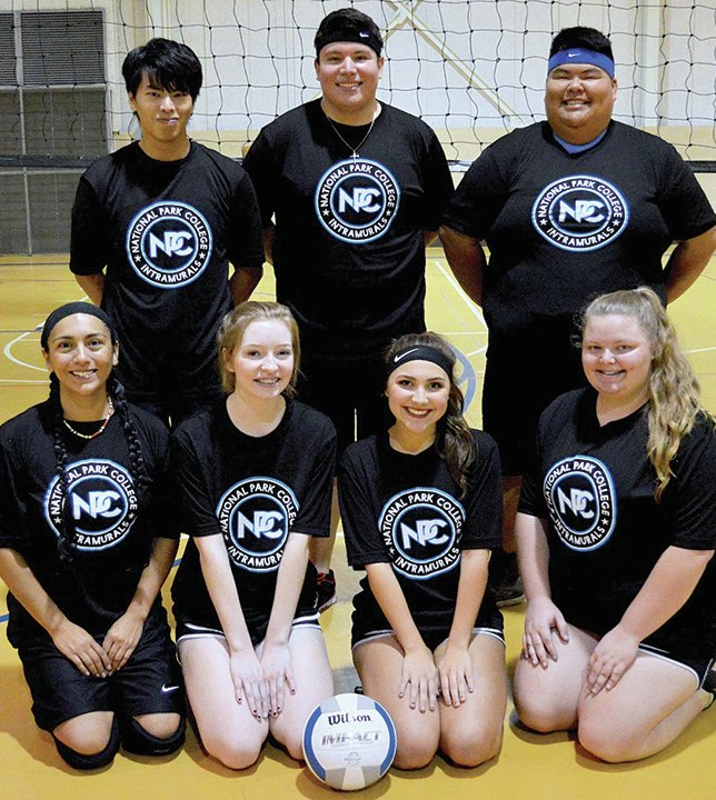 Submitted photo National Park College students, front, from left, Jessica Carillo, Josey Wilson, Ashlen Portwood and Kendra Willis, and back, from left, Keo Thao, Ivan Rodriguez and Bee Thao make up one of the college's first intramural volleyball teams. Teams compete Monday evenings in the NPC Wellness Center gymnasium.