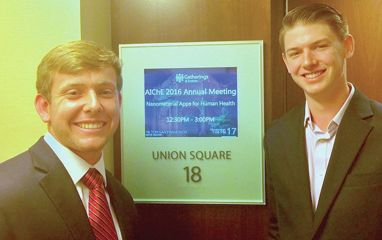 Submitted photo Lake Hamilton High School alumni Sheldon Shinn, left, and Skylar Watson recently presented and competed at the 2016 annual meeting of the American Institute of Chemical Engineers in San Francisco. Shinn and Watson graduated in 2015 and are now students in the Honors College at the University of Arkansas in Fayetteville. The AIChE Annual Meeting is a forum for chemical engineers interested in innovation and professional growth. Academic and industry experts cover a wide range of topics relevant to cutting-edge research, new technologies and emerging growth areas in chemical engineering.