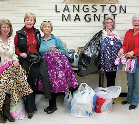 Submitted photo The Zeta Chi Sorority recently donated 24 coats, 24 pairs of socks and shoes to the Langston Aerospace and Environmental Studies Magnet School. Langston counselor Denise Ludlow, left, accepted the donation from sorority chair Peggy Holt, second from left, and fellow members, from left, Jerri Roper, Sharon Turrentin and Coni Hall.