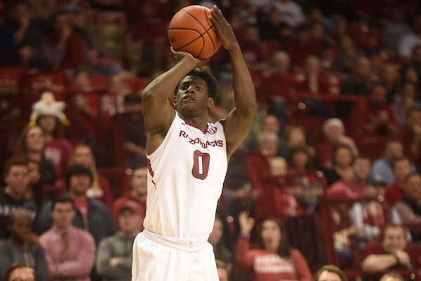 University of Arkansas guard Jaylen Barford (0) pulls up for a jump shot in the second half of their game against North Florida Saturday, December 10, 2016 at Bud Walton Arena in Fayetteville.