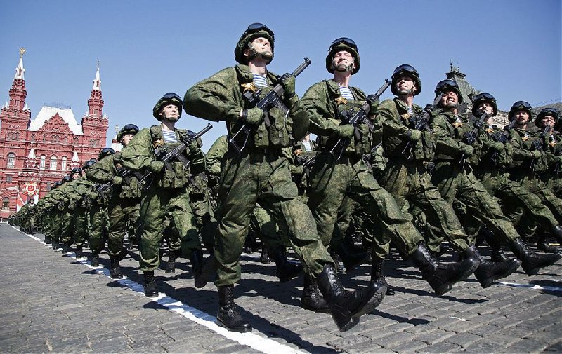 Russian soldiers march earlier this year in Moscow’s Red Square during the Victory Day military parade marking Germany’s surrender in World War II.