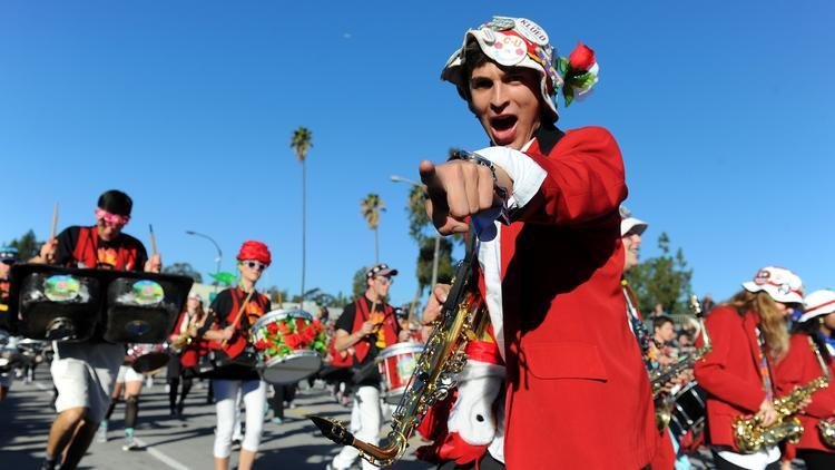 Members of the Stanford marching band perform in the 127th Rose Parade in Pasadena, Calif., in January. The band has been suspended until next year over a long list of violations.