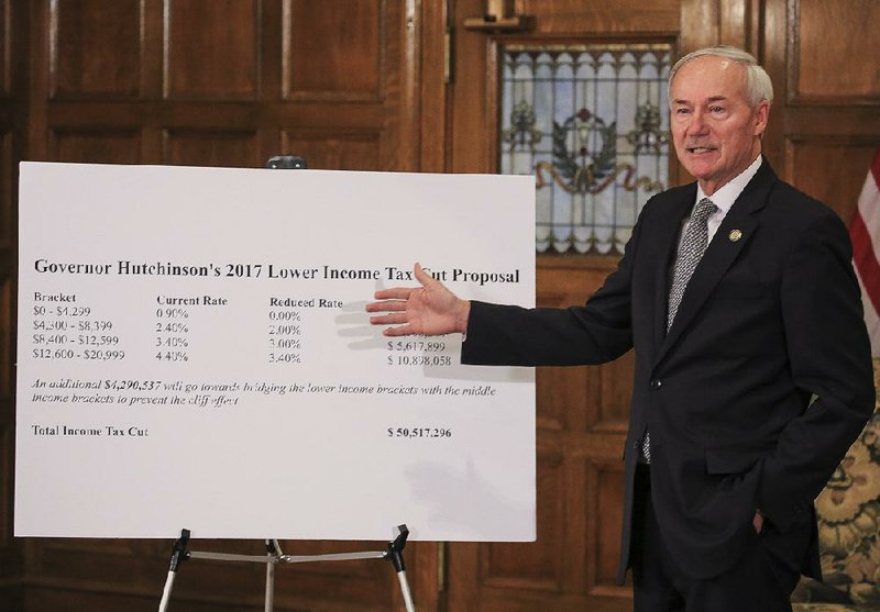 Gov. Asa Hutchinson outlines his proposed $50 million tax cut for lower-income Arkansans on Tuesday at the state Capitol. “I look forward to a vigorous debate with members of the General Assembly,” he said.