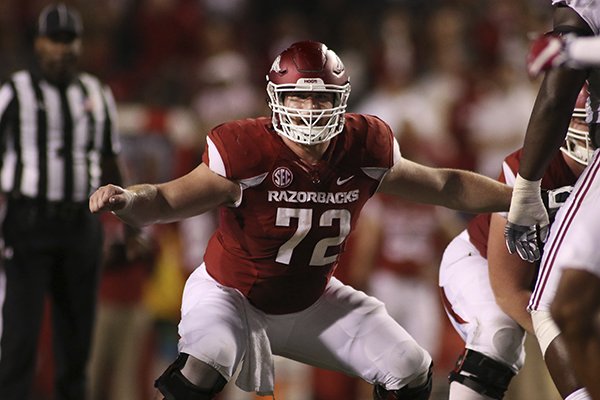 Arkansas' Frank Ragnow (72) sets up during the fourth quarter of an NCAA college football game against Alabama Saturday, Oct. 8, 2016 in Fayetteville, Ark. Alabama won 49-30. (AP Photo/Samantha Baker)