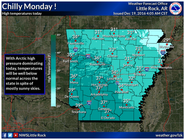 This National Weather Service graphic shows expected high temperatures Monday across the state.
