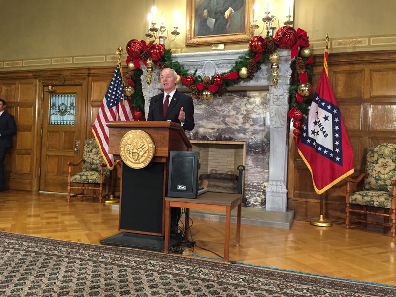 Gov. Asa Hutchinson talks about his priorities for the coming legislative session at the state Capitol on Tuesday, Dec. 20, 2016.