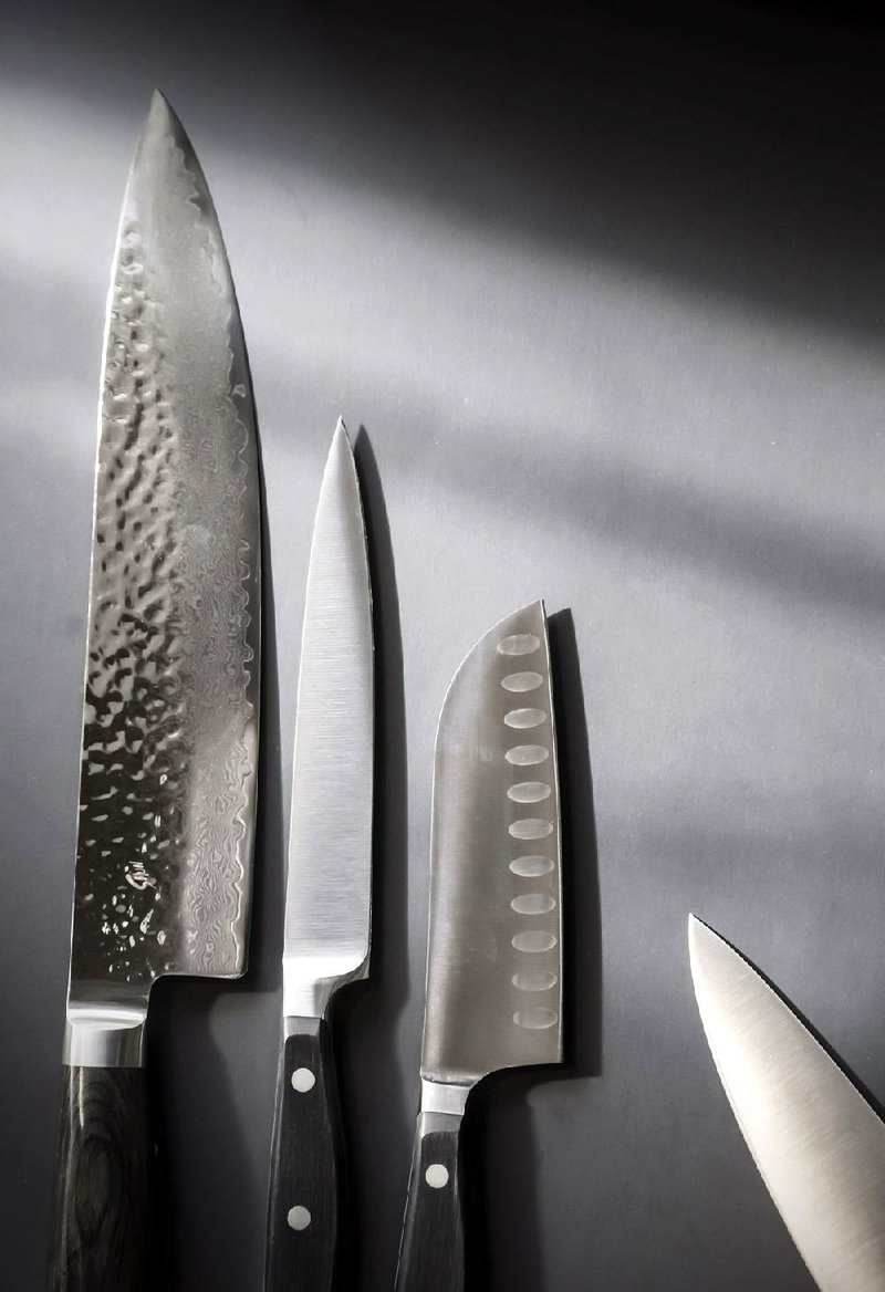 Knives like the Shun chef’s knife (from left), the Wusthof chef’s knife and the Wusthof santoku knife can make food preparation more efficient. 