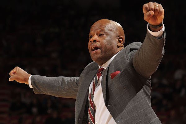 Arkansas coach Mike Anderson gestures against North Dakota State Tuesday, Dec. 20, 2016, during the second half of play in Bud Walton Arena.