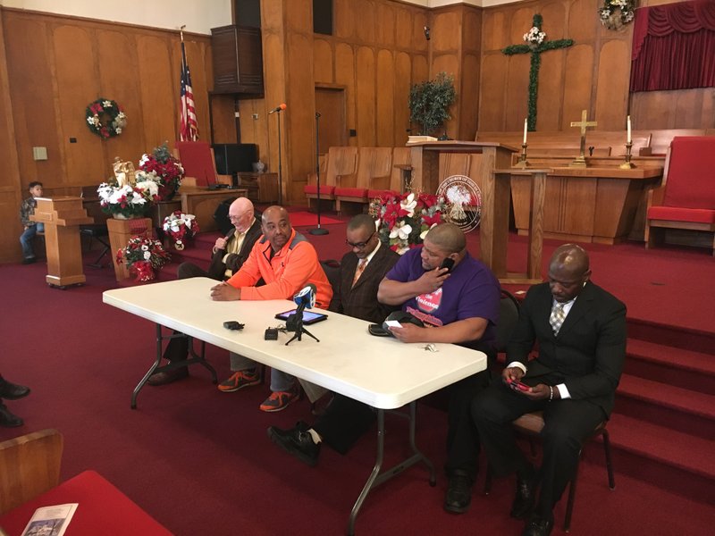 From left: Pastor Roger Glover of the Mount Carmel United Methodist Church; Walter Cockran of Arkansas Stop the Violence; Ken Richardson, city director for Ward 2; Rev. Benny Johnson, founder of Arkansas Stop the Violence and Brother Larry of the Nation of Islam all spoke to members of the media Thursday about the fatal shootings of two Little Rock toddlers within the same month.   