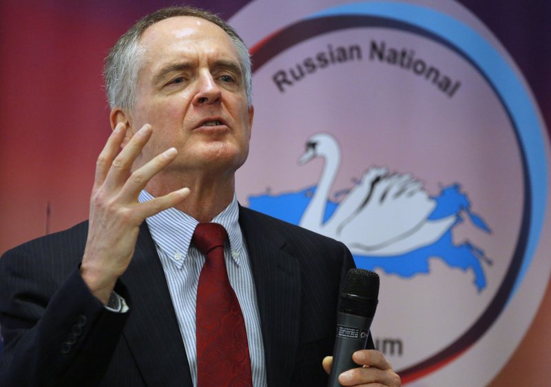 In a March 22, 2015 file photo, U.S. writer Jared Taylor, author of the book "White Identity" speaks during the International Russian Conservative Forum in St.Petersburg, Russia. 