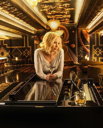 Aurora Lane (Jennifer Lawrence) is a journalist prematurely awakened from hypersleep by a lonely space colonist in Morten Tyldum’s sci-fi romance Passengers.
