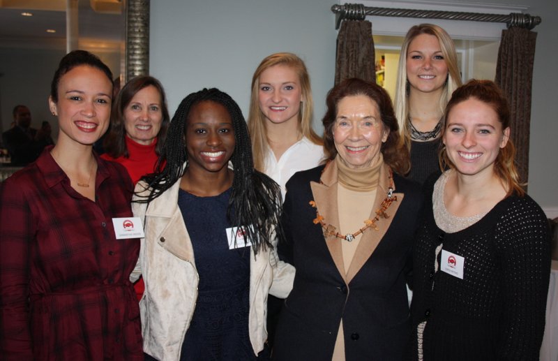 NWA Democrat-Gazette/CARIN SCHOPPMEYER Samantha Snider (from left), Becky Alexander, Hailey Garner, Sarah Shaffer, Marilyn Bogle, Keiryn Swenson and Loren Krzyko gather at the Razorback Foundation endowed scholarship luncheon on Dec. 9 at Carnall Hall in Fayetteville.