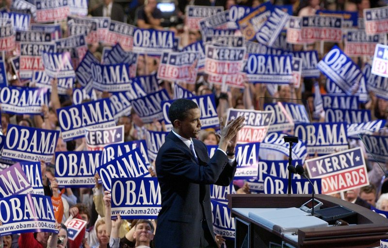 In this July 27, 2004, file photo, Barack Obama, then-candidate for the Senate from Illinois, speaks to delegates during the Democratic National Convention at the FleetCenter in Boston. 