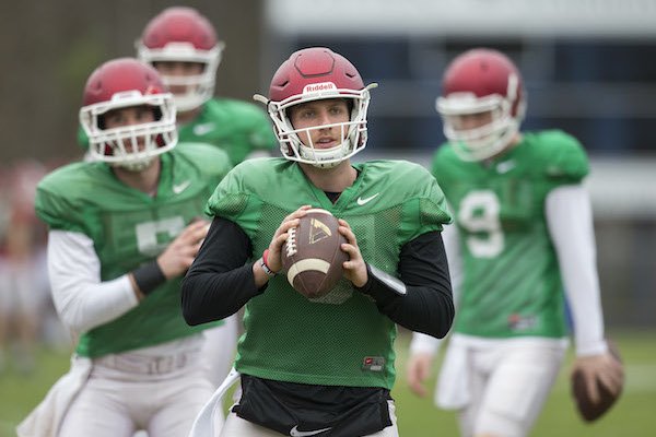 Arkansas quarterback Austin Allen practices on Monday, Dec. 26, 2016, at Charlotte Latin High School in Charlotte, N.C. The Razorbacks will play Virginia Tech on Thursday in the Belk Bowl at Bank of America Stadium in Charlotte.
