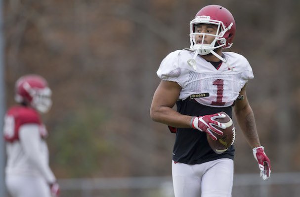 Arkansas receiver Jared Cornelius goes through practice Monday, Dec. 26, 2016, at Charlotte Latin High School in Charlotte, N.C.