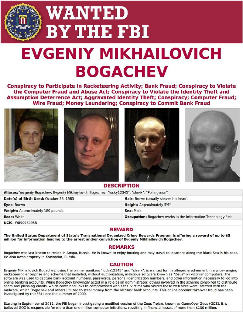 This image provided by the FBI shows the wanted poster for Evgeniy Bogachev. Two Russians accused of commercial theft and fraud using computer networks were among those hit with sanctions Thursday as part of the U.S. retaliation against Russian hacking. Evgeniy Mikhailovich  is on the FBI’s “Most Wanted” list, and the sanctions are intended to block his access to the international financial system.