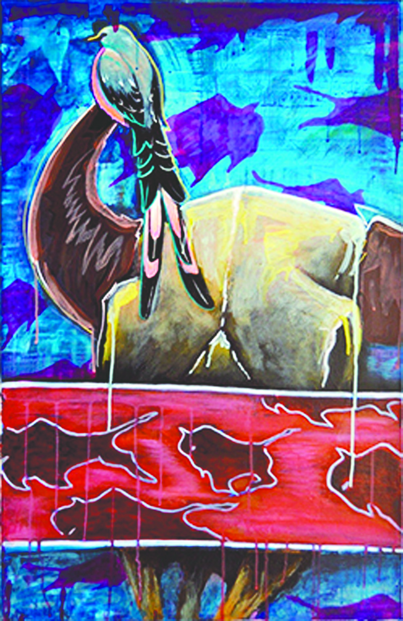 Unite#3,” a mixed media (acrylic, alcohol based marker, acrylic marker) on canvas, by BJ Stepp, is one of the pieces of art that is on display with the “Ancient Visions and Contemporary Voices: Paintings from Indian County”
exhibit at Mullins Library on the campus of the University of Arkansas.