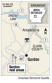 A map showing the Gurdon rest areas.