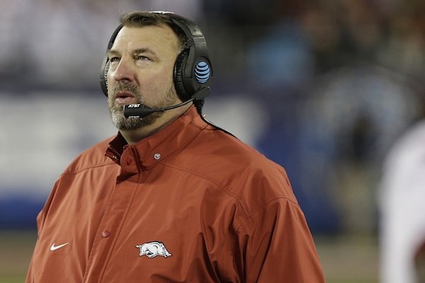 Arkansas head coach Bret Bielema watches from the sideline during the first half of the Belk Bowl NCAA college football game against Virginia Tech in Charlotte, N.C., Thursday, Dec. 29, 2016. (AP Photo/Bob Leverone)