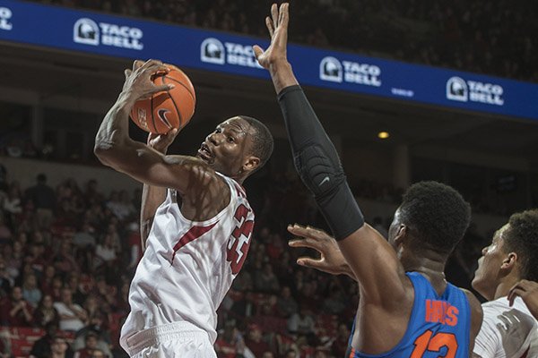 Arkansas' Moses Kingsley looks to shoot during a game against Florida on Thursday, Dec. 29, 2016, in Fayetteville. 