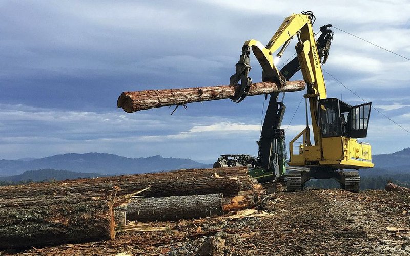 A logging crew harvests timber on private land near the headquarters of D.R. Johnson Lumber Co., in Riddle, Ore., in November. 