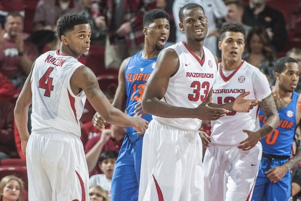 Moses Kingsley (33) of the Arkansas Razorbacks laments a call against Florida Thursday Dec. 29, 2016 at Bud Walton Arena in Fayetteville.