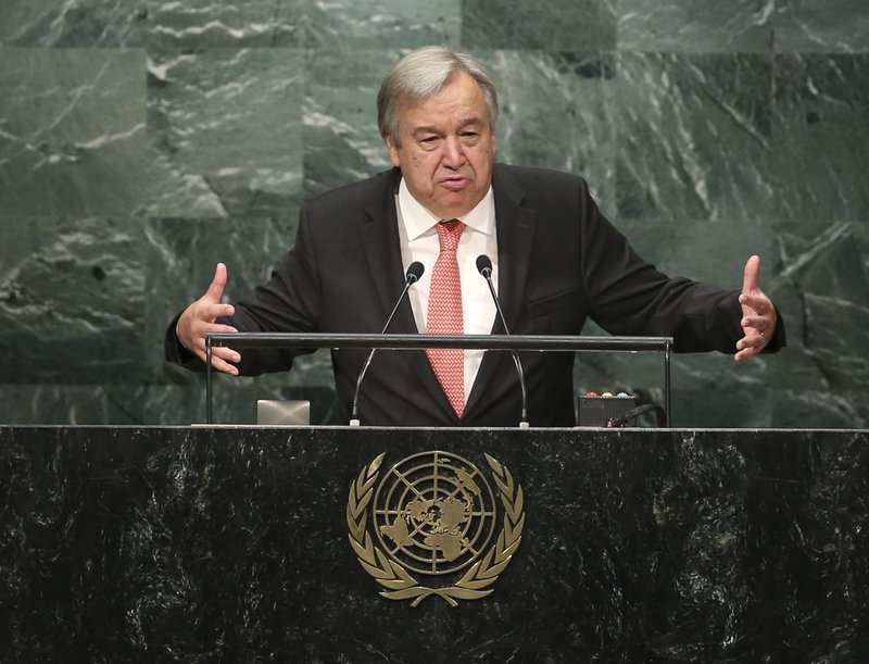 FILE - In this Oct. 13, 2016 file photo, Antonio Guterres of Portugal, Secretary-General designate of the United Nations, speaks during his appointment at U.N. headquarters. Guterres begins a five year term as the organization's Secretary General on Sunday, Jan. 1, 2017. Guterres takes the reins of the United Nations on New Year's Day, promising to be a &quot;bridge-builder&quot; but facing an antagonistic incoming U.S. administration led by Donald Trump who thinks the world body's 193 member states do nothing except talk and have a good time. (AP Photo/Seth Wenig, File)