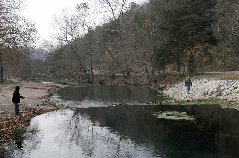 Winter is a quiet season for hiking and fishing at Roaring River State Park in Missouri. A favorite hike is the 1.5-mile Devil’s Kitchen trail.