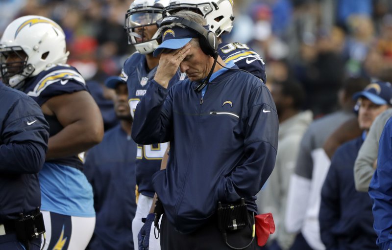 San Diego Chargers head coach Mike McCoy reacts during the second half of an NFL football game against the Kansas City Chiefs, Sunday, Jan. 1, 2017, in San Diego. 