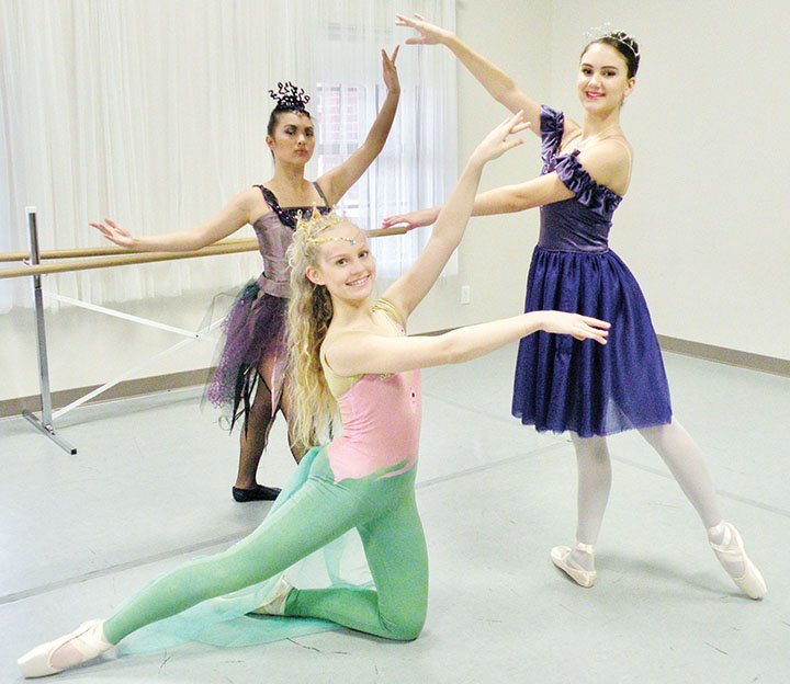 Among the principal dancers in Blackbird Academy of Arts’ upcoming production of The Little Mermaid the Ballet are Amy Lambe, kneeling, who will dance the role of the Little Mermaid, and standing, from left, Kayla Keng as the Sea Witch and Maria Casavechia as the Land Princess.