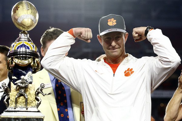 Clemson head coach Dabo Swinney celebrates after the Fiesta Bowl NCAA college football game against Ohio State, Saturday, Dec. 31, 2016, in Glendale, Ariz. Clemson won 31-0 to advance to the BCS championship game on Jan. 9th against Alabama.