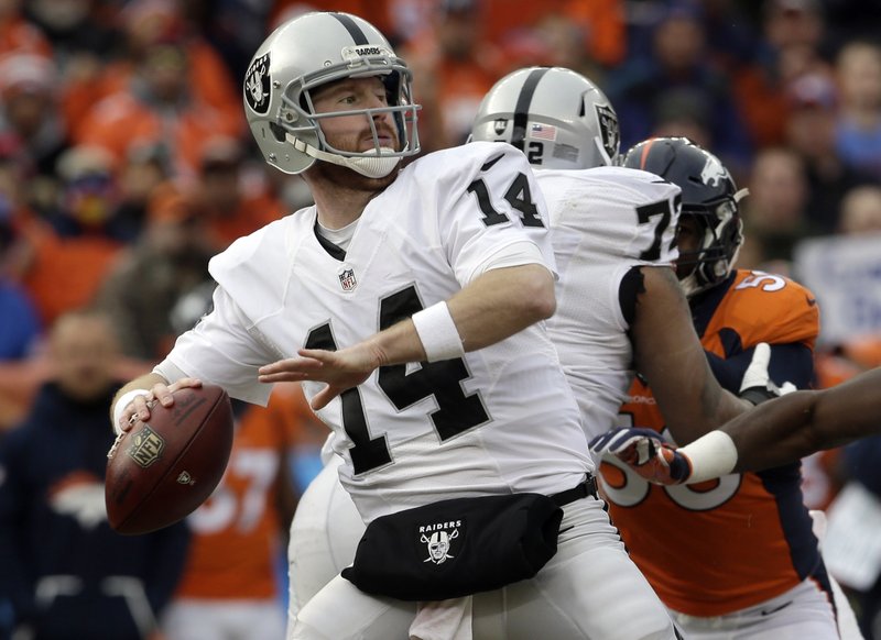 FILE - In this Sunday Jan. 1, 2017, file photo, Oakland Raiders quarterback Matt McGloin (14) passes against the Denver Broncos in the first half of an NFL football game in Denver. The Raiders feature 19 players who entered the league as undrafted free agents, including key contributors like possible playoff starting quarterback Matt McGloin, running back Jalen Richard, receiver Seth Roberts and left tackle Donald Penn. (AP Photo/Joe Mahoney, File)