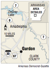 A map showing the location of Gurdon in Clark County.
